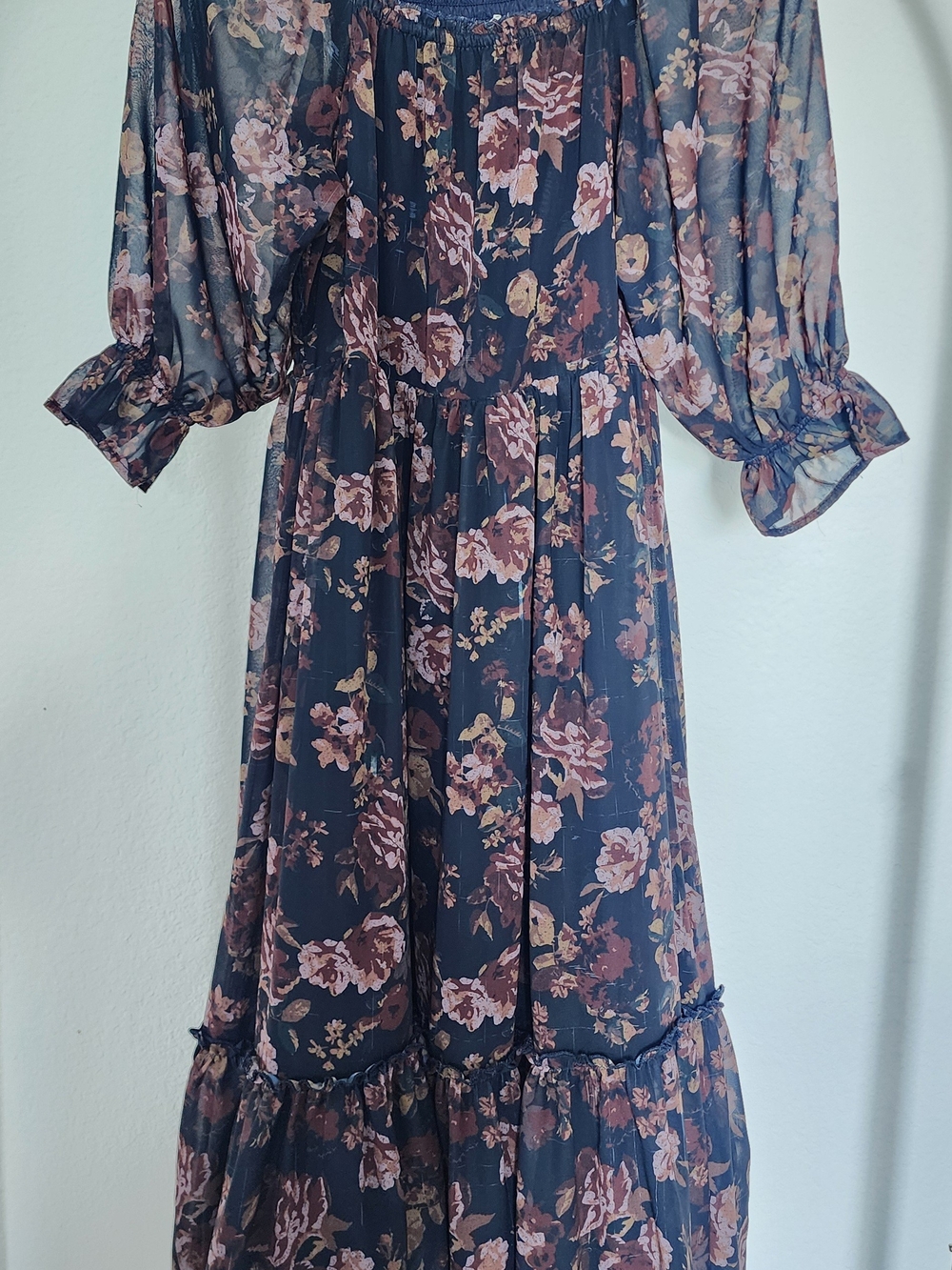 Floral  Off Shoulder Maxi Dress Navy with Blush Floral Kandice  Sz 14 Joyfolie